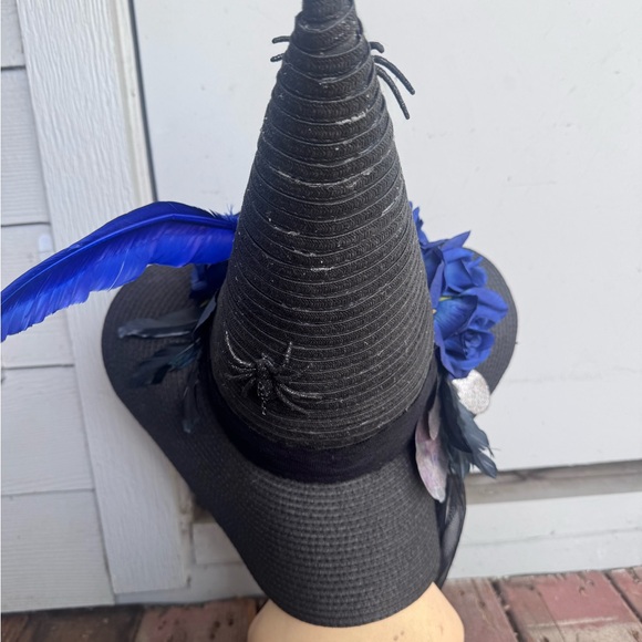 Custom Handmade Black Witch Hat with Blue Floral & Feather Trim main image 4